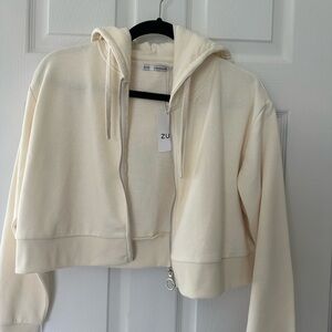 Zuiki Cream Cropped Zip-Up Hoodie Jacket